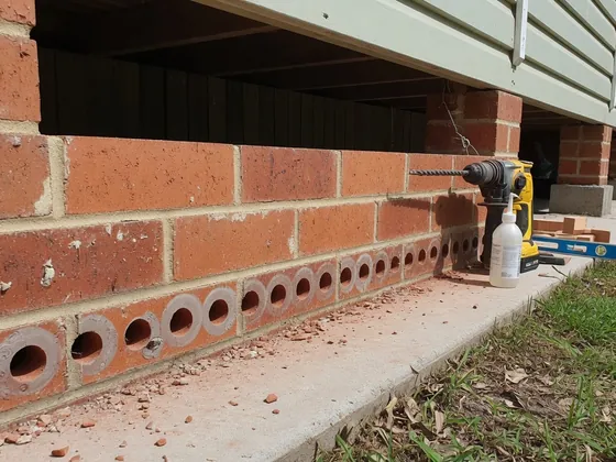Drilling the mortar course — chemical dpc injection, step by step, Brisbane Queenslander