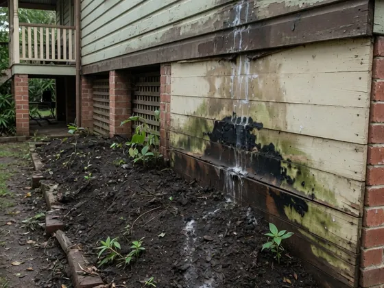 Garden beds banked against the wall — how lateral damp gets in, Brisbane Queenslander