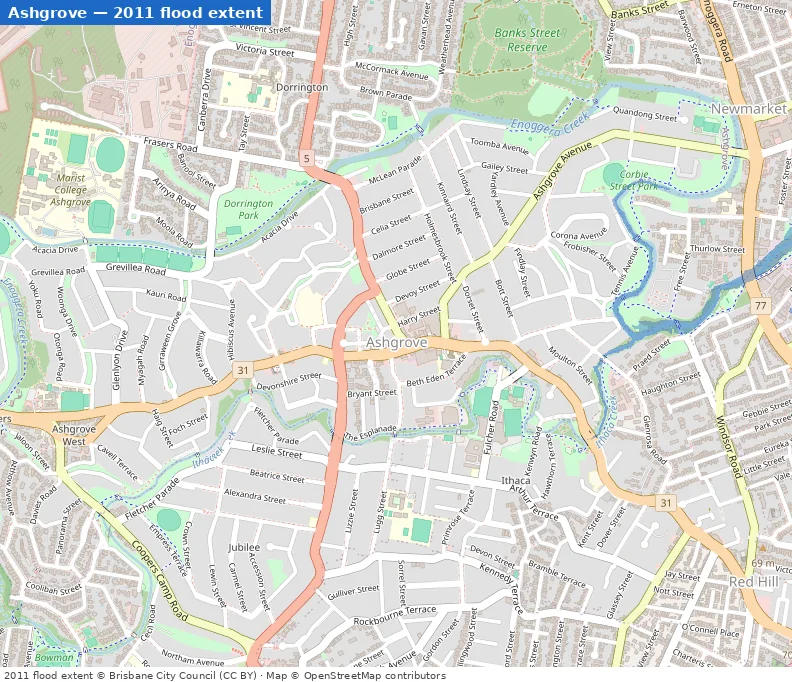 Ashgrove January 2011 flood extent map (Brisbane City Council data)