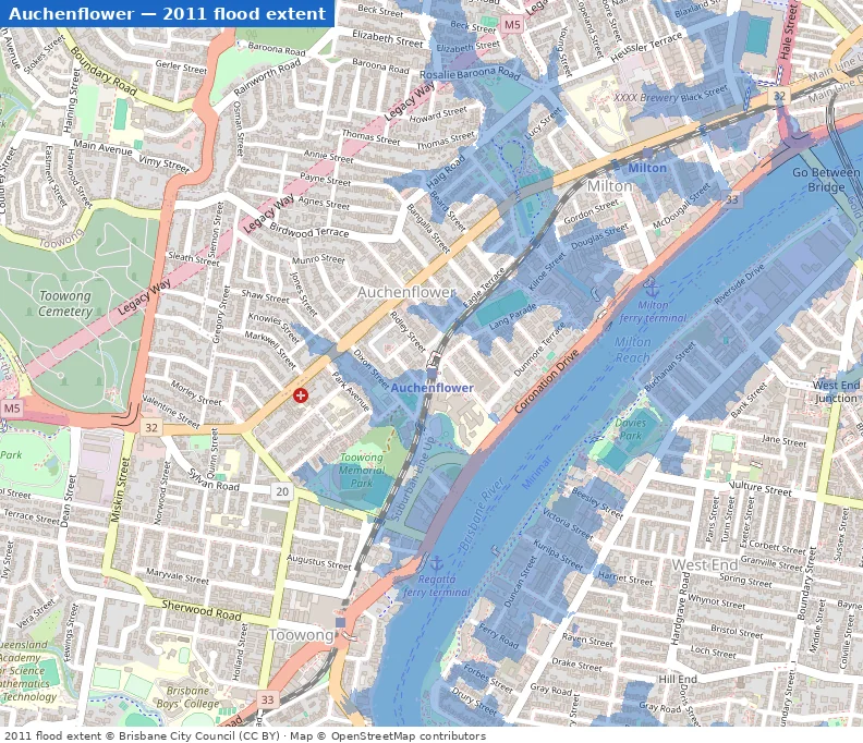 Auchenflower January 2011 flood extent map (Brisbane City Council data)