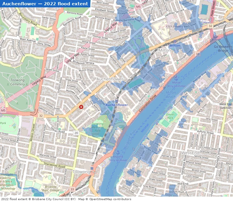 Auchenflower February 2022 flood extent map (Brisbane City Council data)