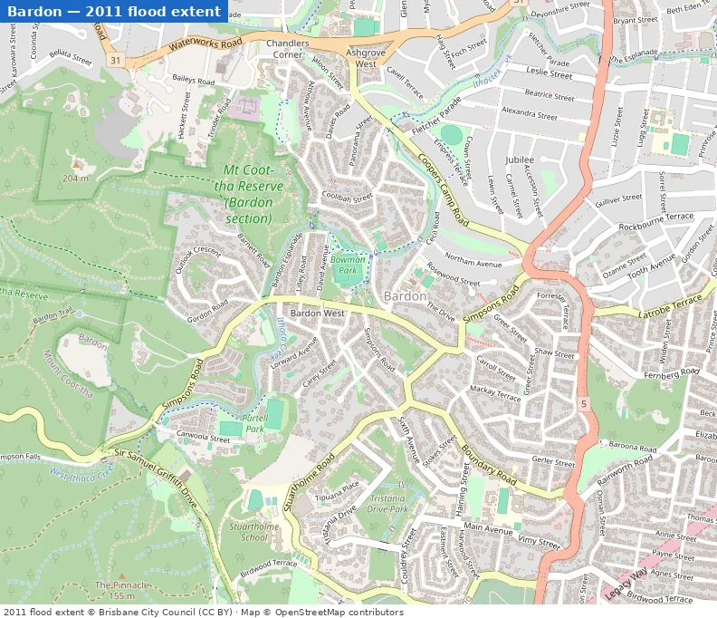 Bardon January 2011 flood extent map (Brisbane City Council data)