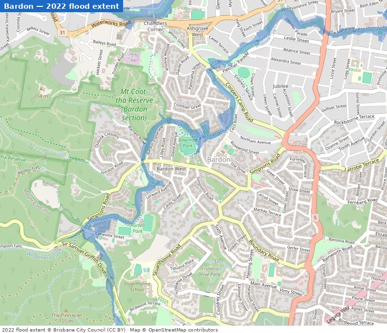 Bardon February 2022 flood extent map (Brisbane City Council data)