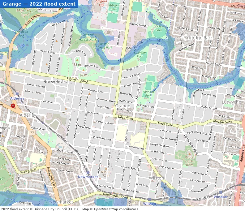 Grange February 2022 flood extent map (Brisbane City Council data)