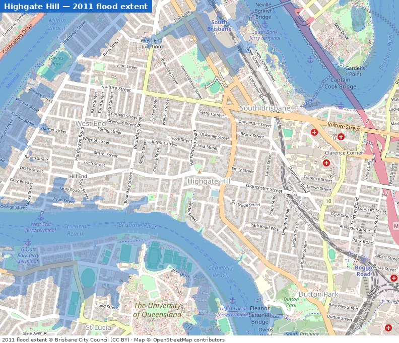 Highgate Hill January 2011 flood extent map (Brisbane City Council data)