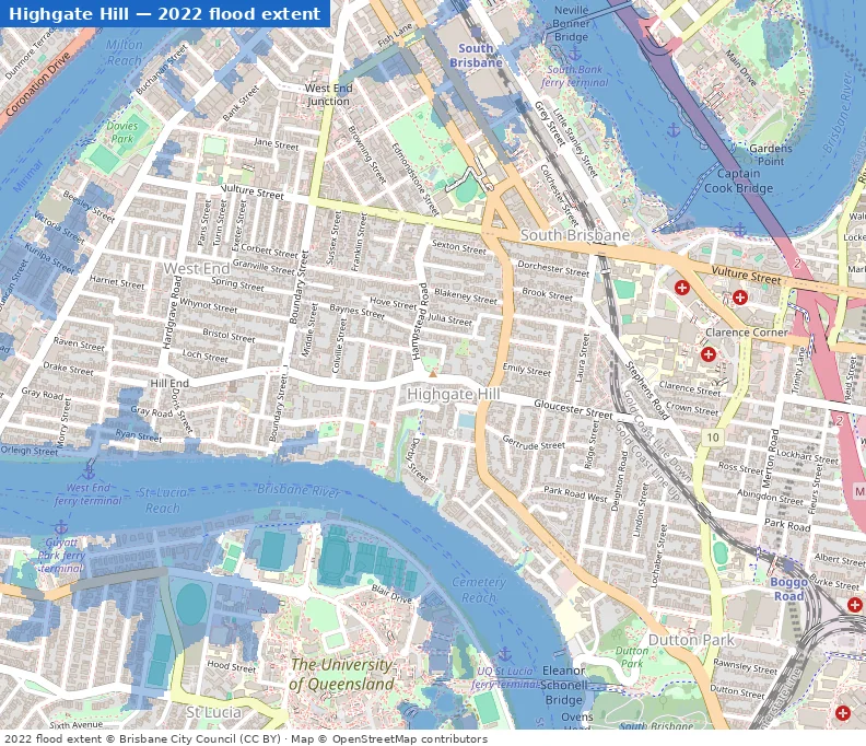 Highgate Hill February 2022 flood extent map (Brisbane City Council data)