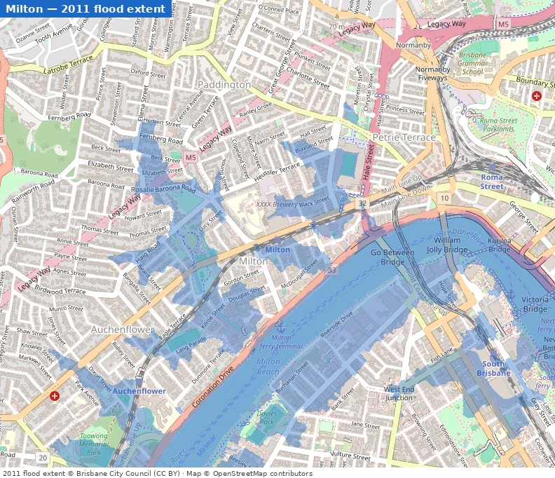 Milton January 2011 flood extent map (Brisbane City Council data)