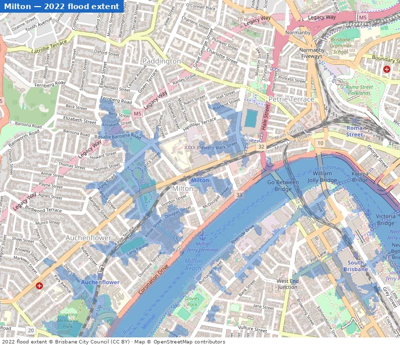 Milton February 2022 flood extent map (Brisbane City Council data)
