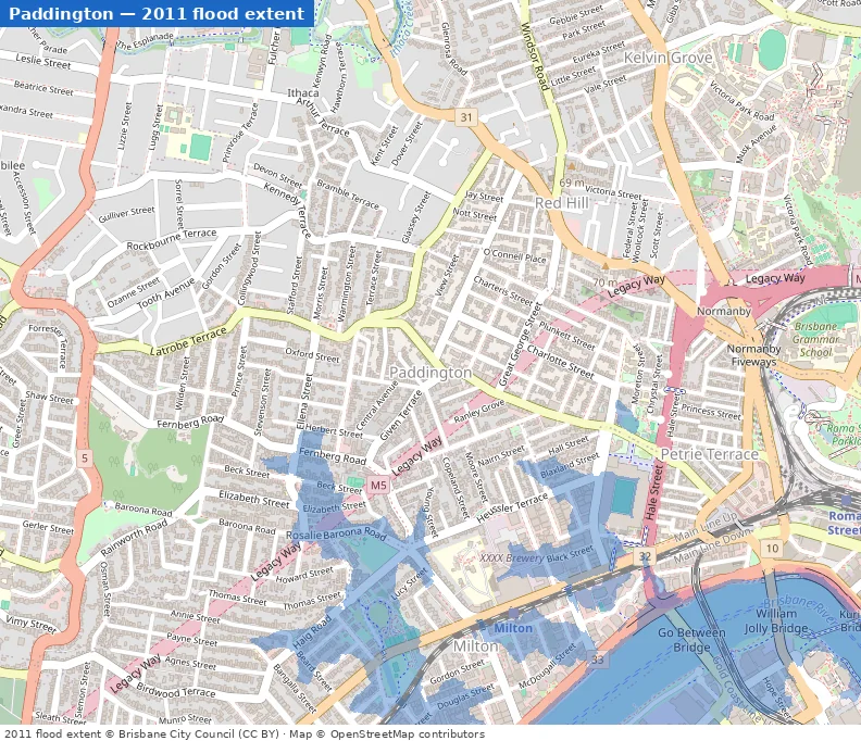 Paddington January 2011 flood extent map (Brisbane City Council data)