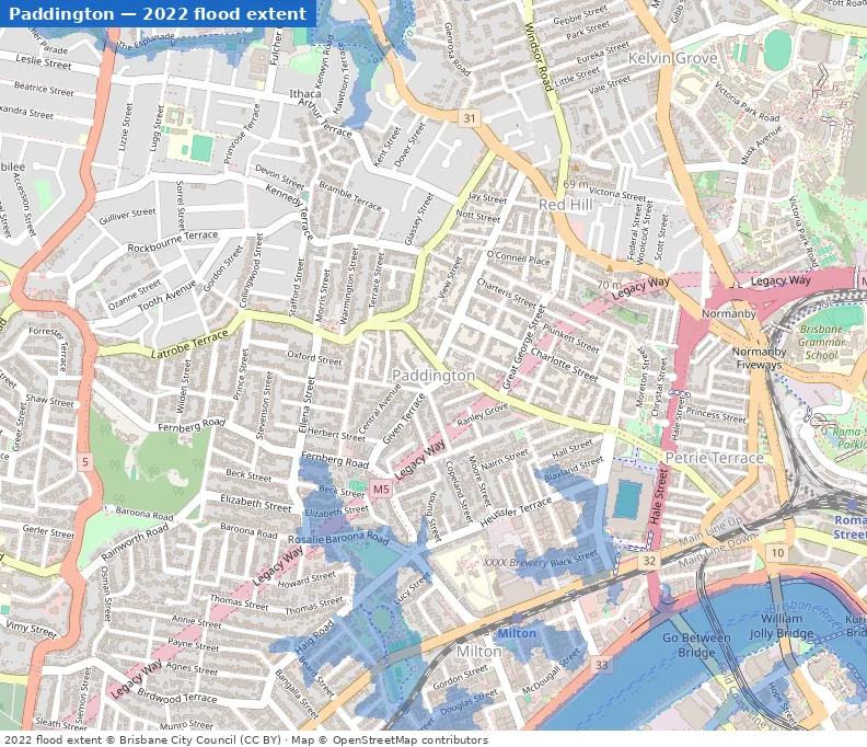 Paddington February 2022 flood extent map (Brisbane City Council data)