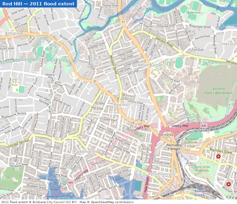 Red Hill January 2011 flood extent map (Brisbane City Council data)