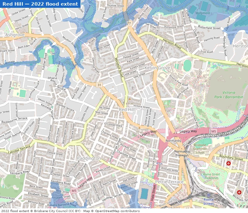 Red Hill February 2022 flood extent map (Brisbane City Council data)
