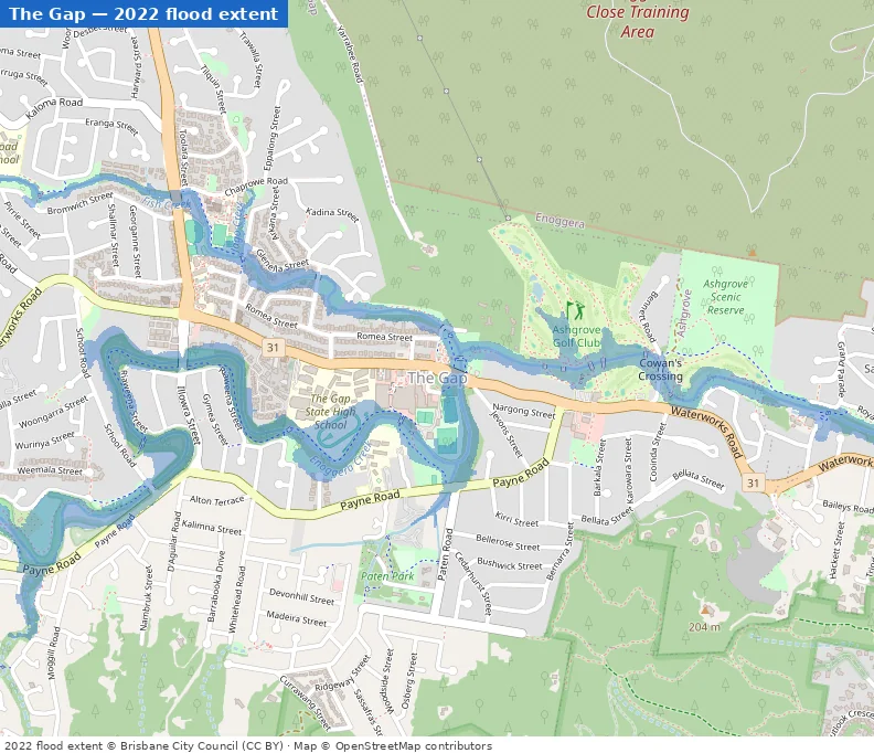 The Gap February 2022 flood extent map (Brisbane City Council data)
