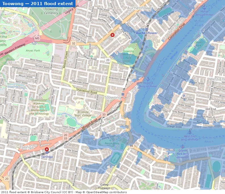 Toowong January 2011 flood extent map (Brisbane City Council data)
