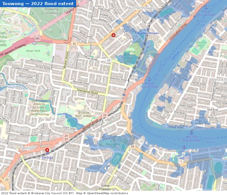 Toowong February 2022 flood extent map (Brisbane City Council data)