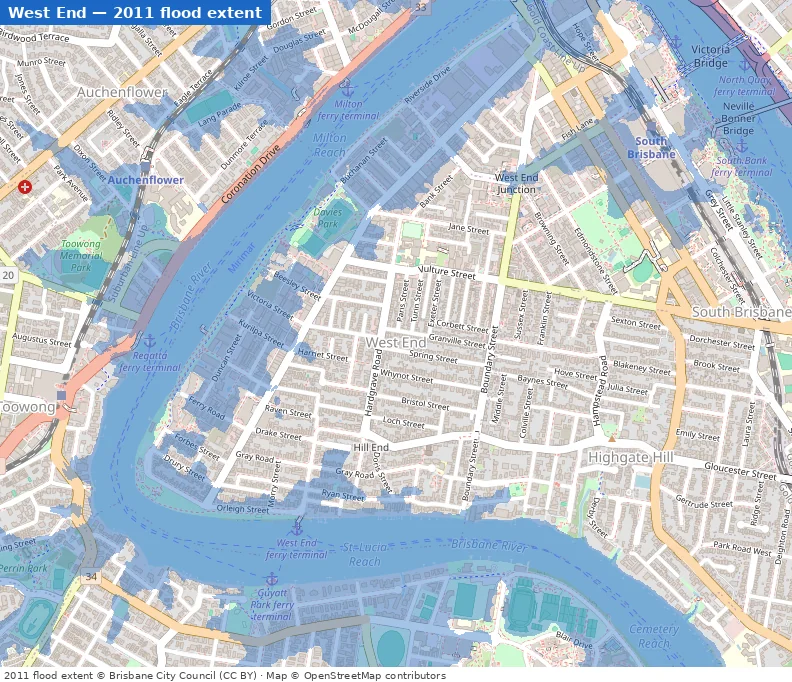 West End January 2011 flood extent map (Brisbane City Council data)