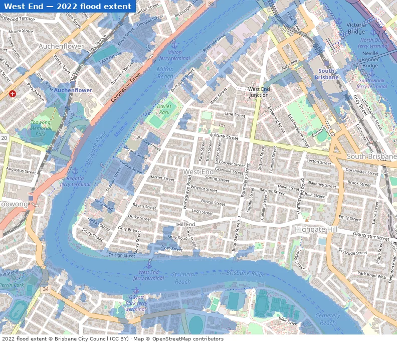 West End February 2022 flood extent map (Brisbane City Council data)