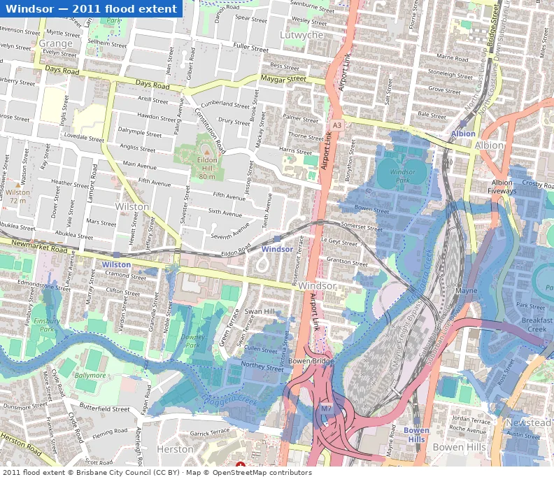 Windsor January 2011 flood extent map (Brisbane City Council data)