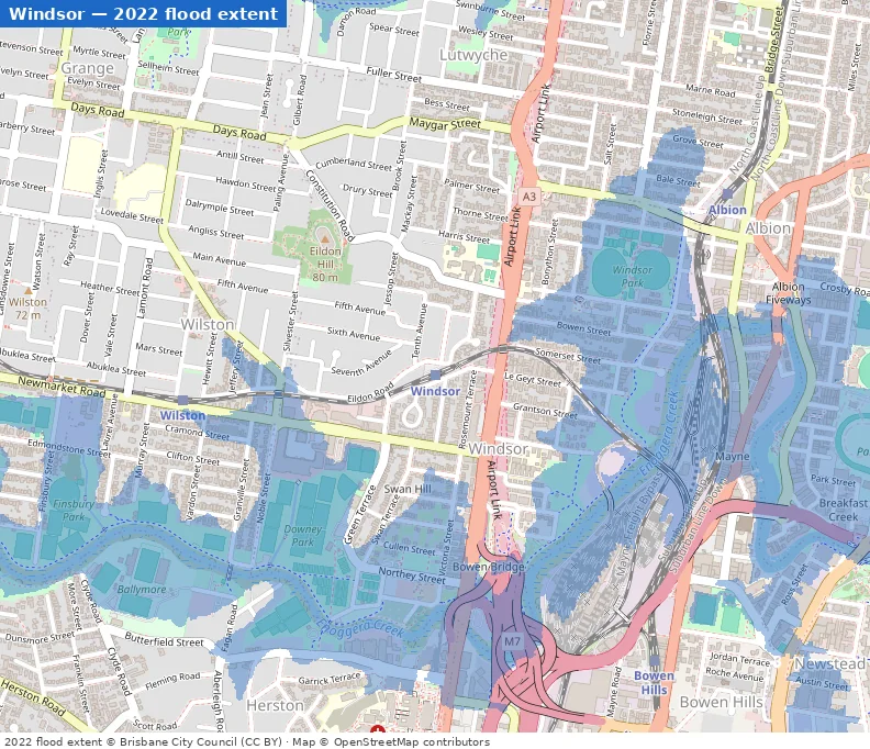 Windsor February 2022 flood extent map (Brisbane City Council data)