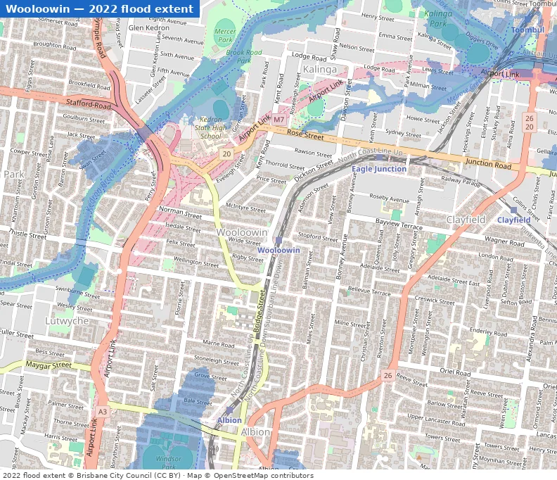 Wooloowin February 2022 flood extent map (Brisbane City Council data)