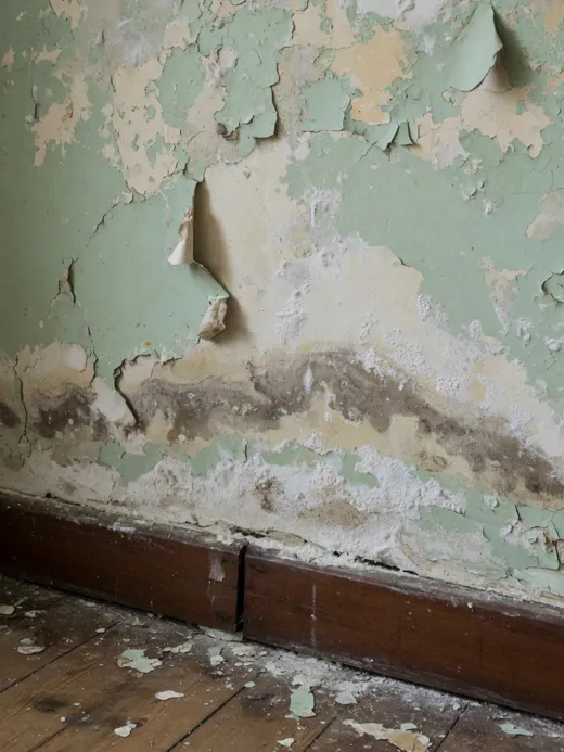 Blistering paint and crumbling salt-damaged plaster at the base of a wall